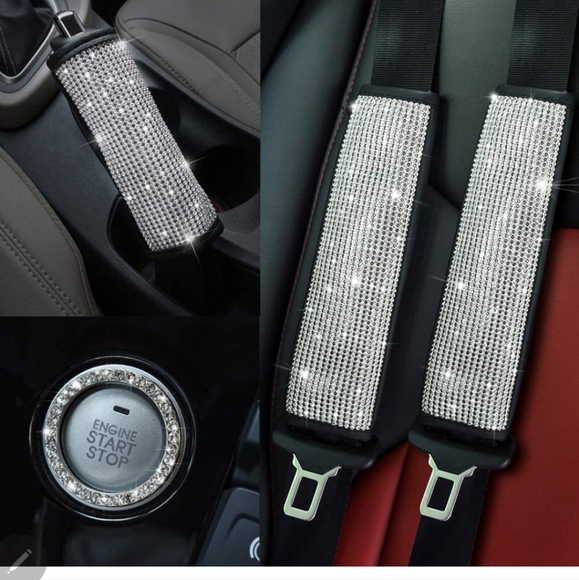 2 bling rhinestone seat Belt shoulder pads handbrake cover & key frame.Pink too - Picture 1 of 5